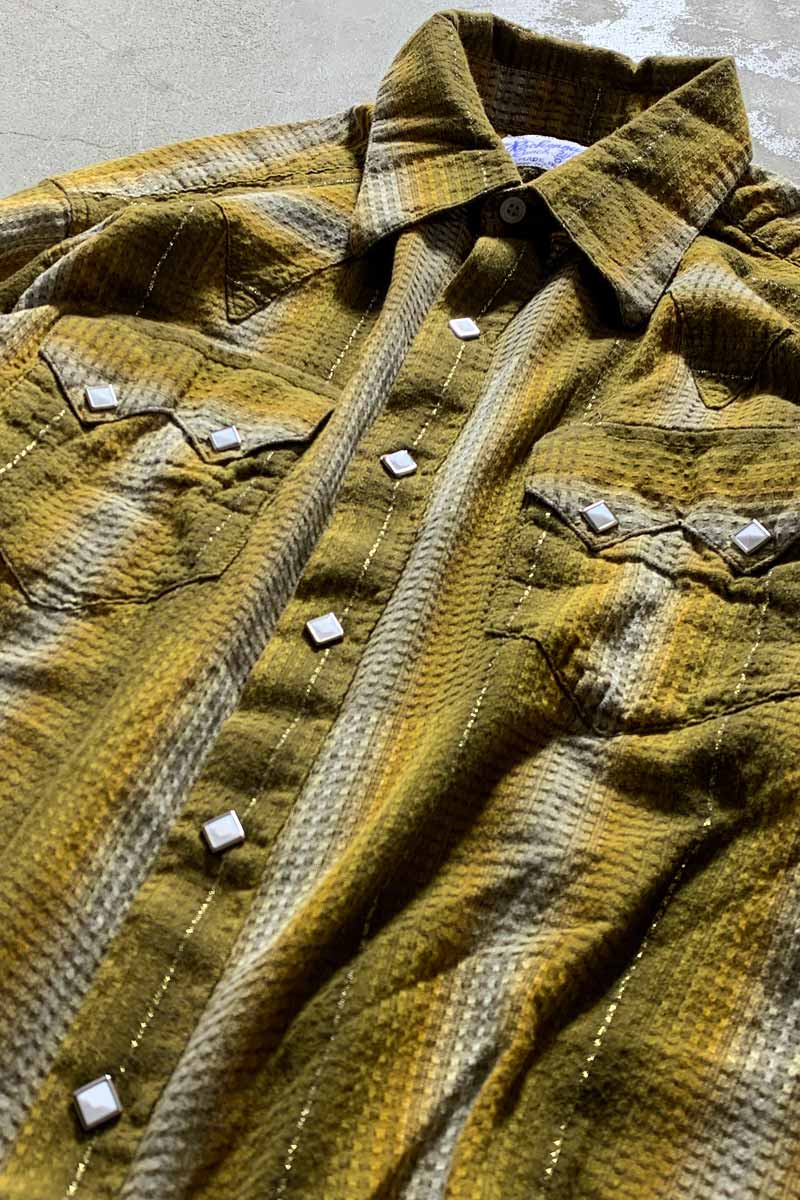 MADE IN USA 70'S L/S OMBRE CHECK WESTERN SHIRT / MUSTARD [SIZE: XL USED]