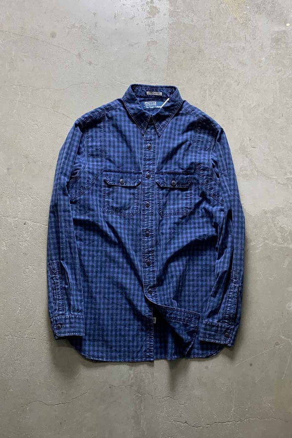 90'S L/S BLUE INDIGO CHECK WORK SHIRT / NAVY [SIZE: M USED]