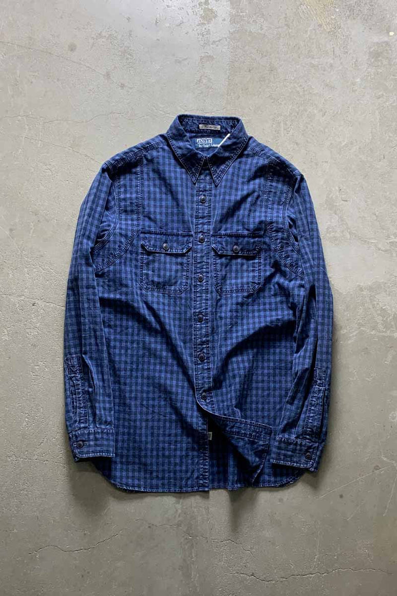 90'S L/S BLUE INDIGO CHECK WORK SHIRT / NAVY [SIZE: M USED]