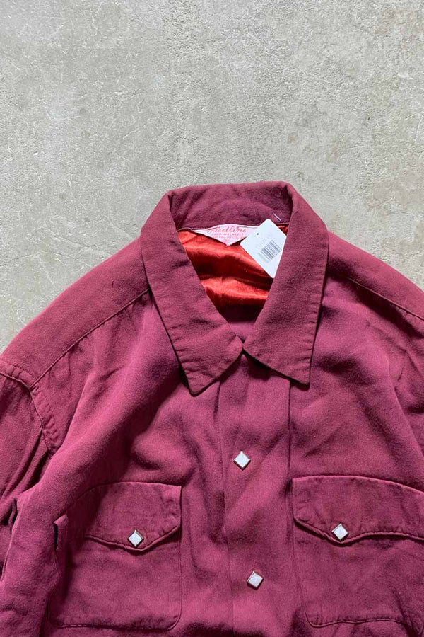 70'S L/S OPEN COLLAR RAYON WESTERN SHIRT / RED [SIZE: M USED]