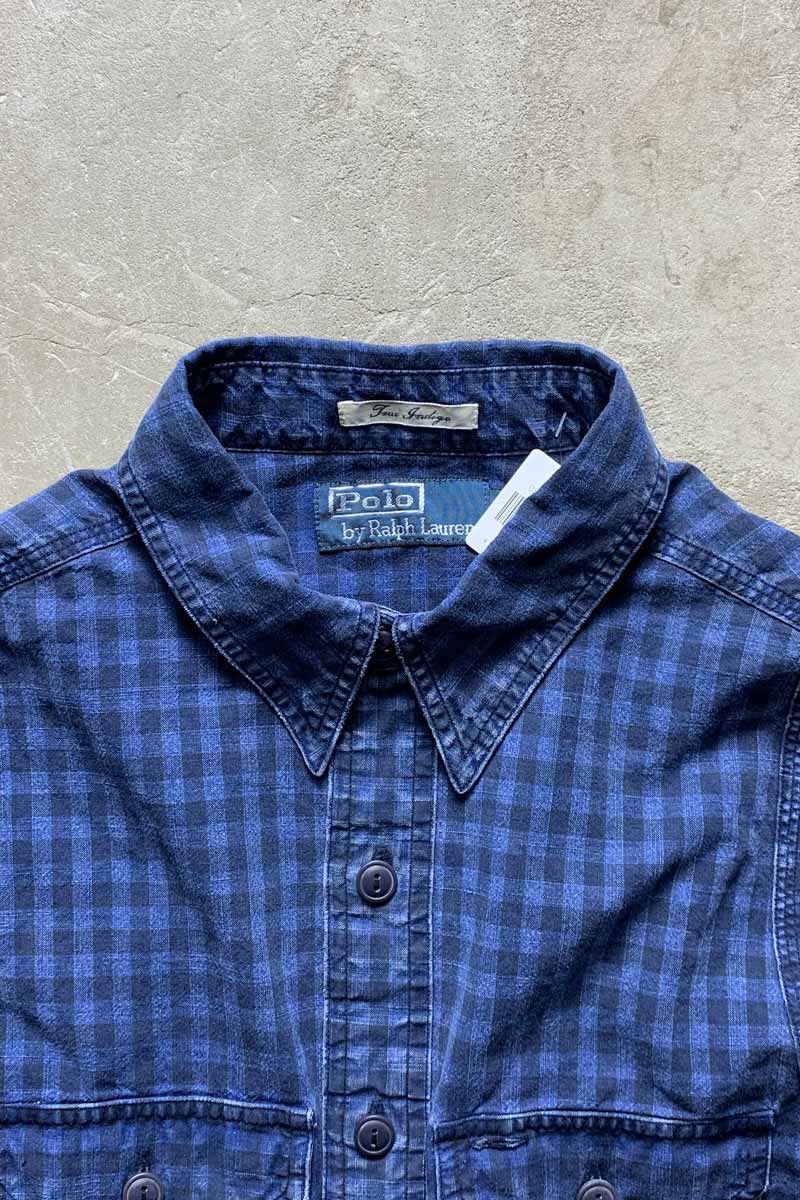 90'S L/S BLUE INDIGO CHECK WORK SHIRT / NAVY [SIZE: M USED]