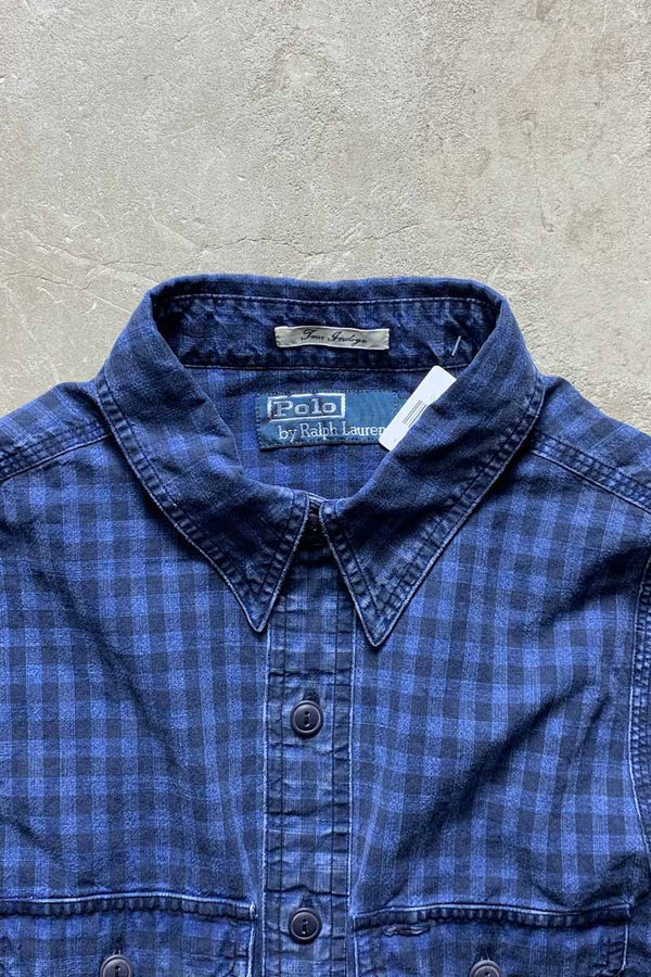90'S L/S BLUE INDIGO CHECK WORK SHIRT / NAVY [SIZE: M USED]