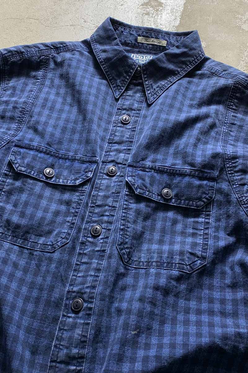 90'S L/S BLUE INDIGO CHECK WORK SHIRT / NAVY [SIZE: M USED]