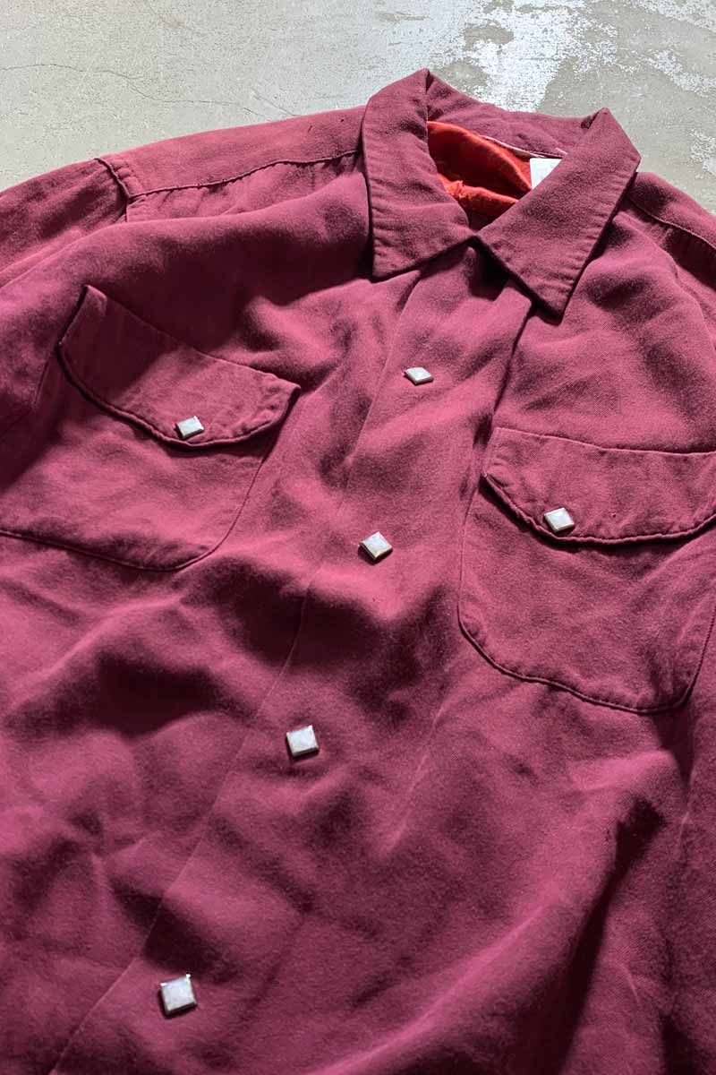 70'S L/S OPEN COLLAR RAYON WESTERN SHIRT / RED [SIZE: M USED]