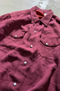 70'S L/S OPEN COLLAR REYON WESTERN SHIRT / RED [SIZE: M USED]