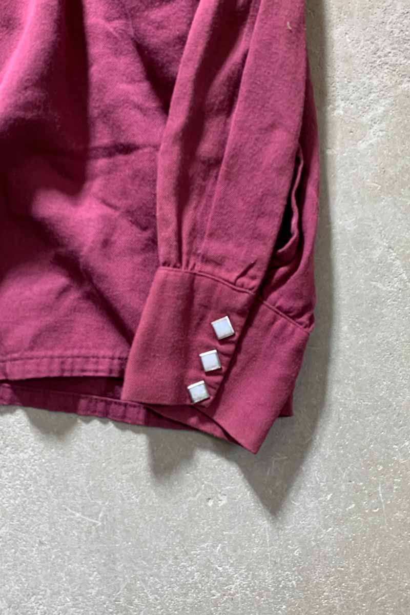 70'S L/S OPEN COLLAR RAYON WESTERN SHIRT / RED [SIZE: M USED]