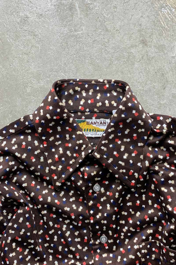 70'S L/S DESIGN NYLON SHIRT / BROWN [SIZE: M USED]