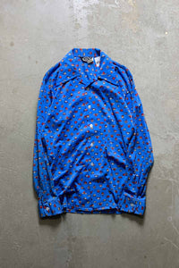 70'S L/S PATTERN OPEN COLLAR SHIRT / BLUE [SIZE: M USED]