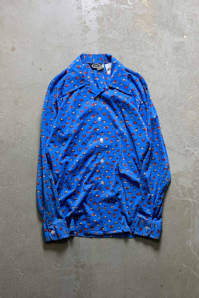 70'S L/S PATTERN OPEN COLLAR SHIRT / BLUE [SIZE: M USED]