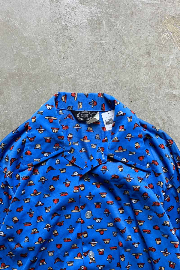 70'S L/S PATTERN OPEN COLLAR SHIRT / BLUE [SIZE: M USED]