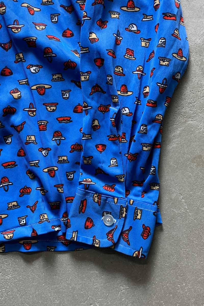 70'S L/S PATTERN OPEN COLLAR SHIRT / BLUE [SIZE: M USED]
