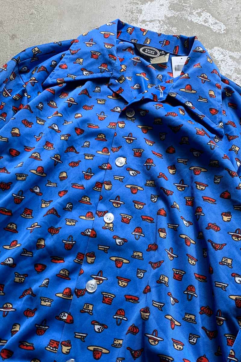 70'S L/S PATTERN OPEN COLLAR SHIRT / BLUE [SIZE: M USED]