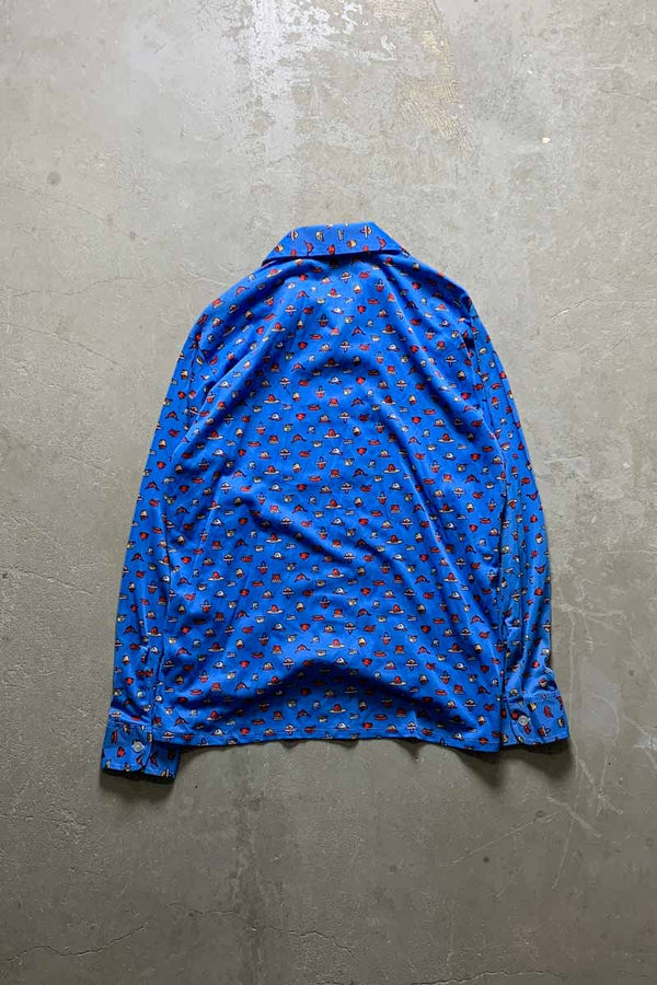 70'S L/S PATTERN OPEN COLLAR SHIRT / BLUE [SIZE: M USED]