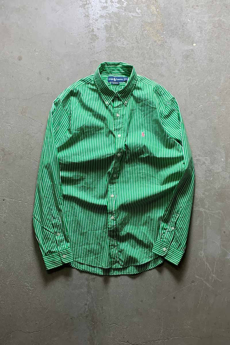 90'S L/S CUSTOM FIT COTTON STRIPE SHIRT / GREEN [SIZE: XL USED]