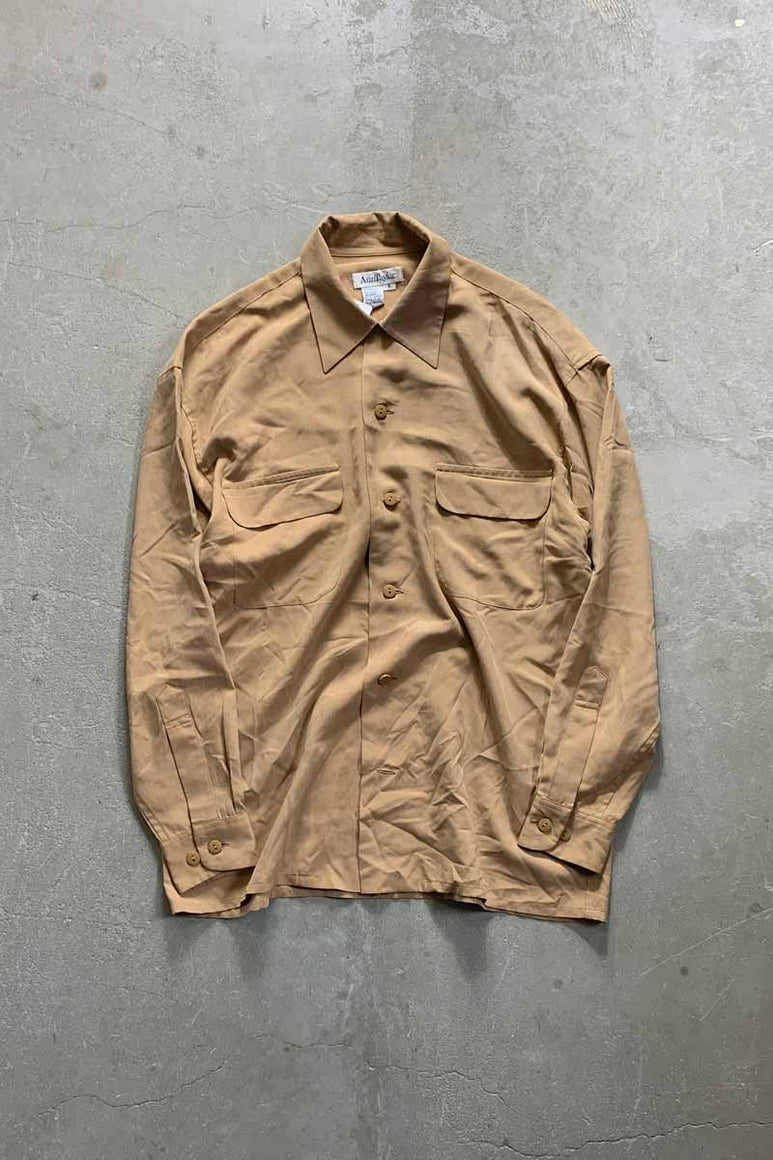 90'S L/S SILK WORK SHIRT / BEIGE [SIZE: S USED]