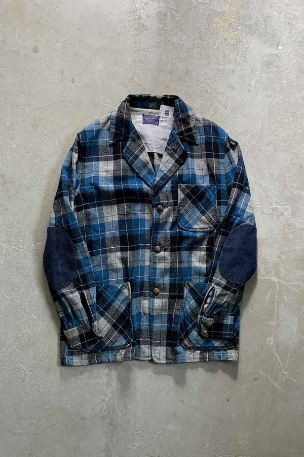 50'S SUEDE LEATHER ELBOW PATCH WOOL CHECK JACKET / BLUE [SIZE: M USED]