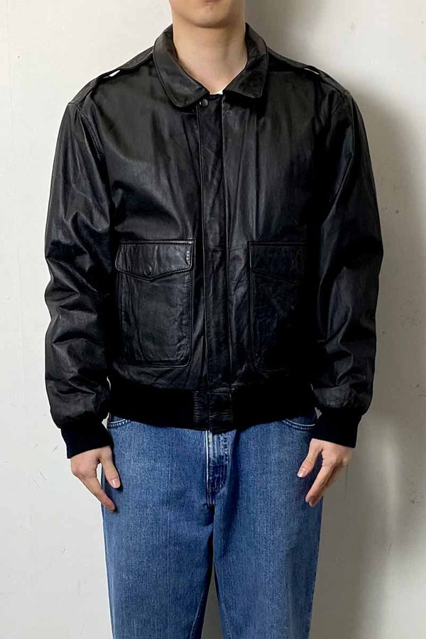 90'S BACK EMBROIDERY A-2 FLIGHT LEATHER JACKET / BLACK [SIZE: L USED]