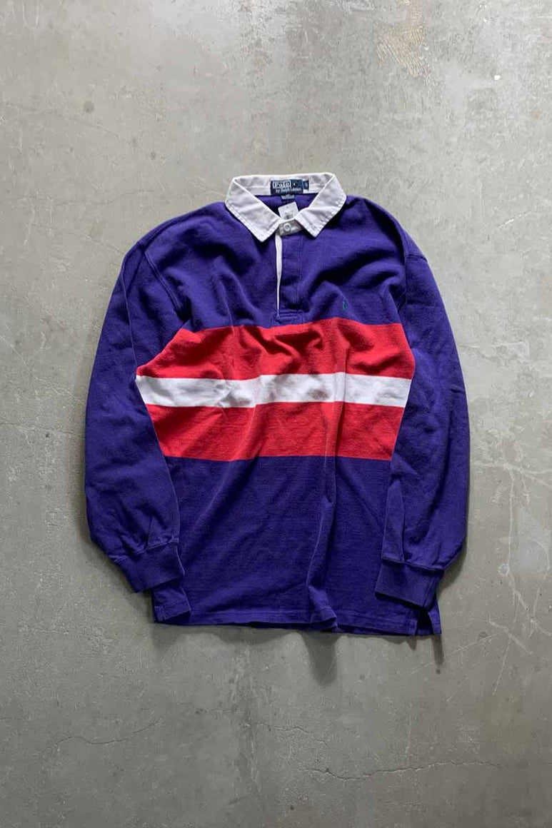 90'S L/S BORDER RUGBY SHIRT / PURPLE / RED [SIZE: L USED]