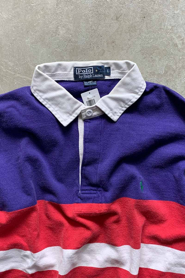 90'S L/S BORDER RUGBY SHIRT / PURPLE / RED [SIZE: L USED]
