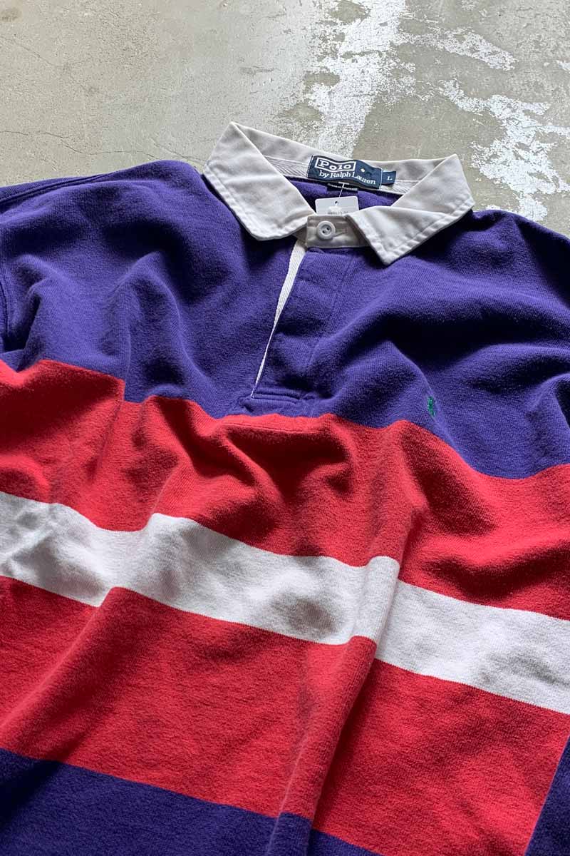 90'S L/S BORDER RUGBY SHIRT / PURPLE / RED [SIZE: L USED]