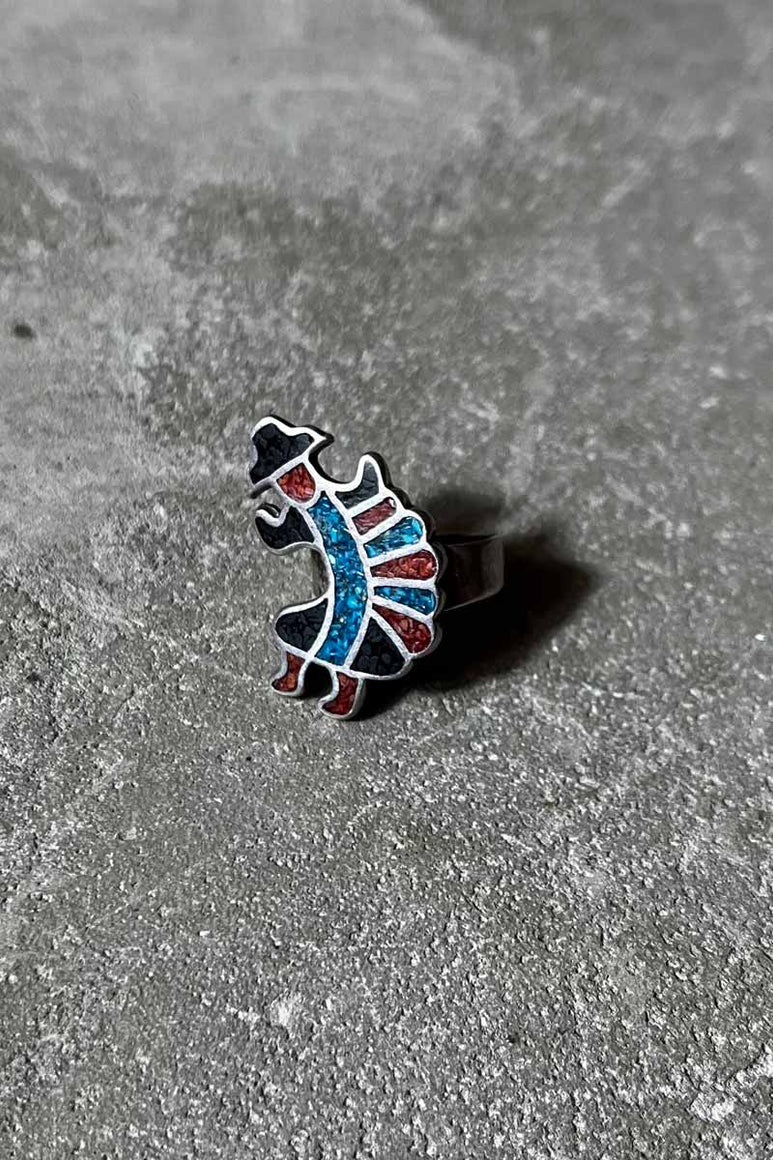 TIP INLAY SILVER RING W/TURQUOIS + RED CORAL [SIZE: 12号相当 USED]