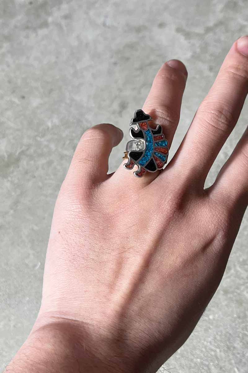 TIP INLAY SILVER RING W/TURQUOISE + RED CORAL [SIZE: US 6.5 USED]