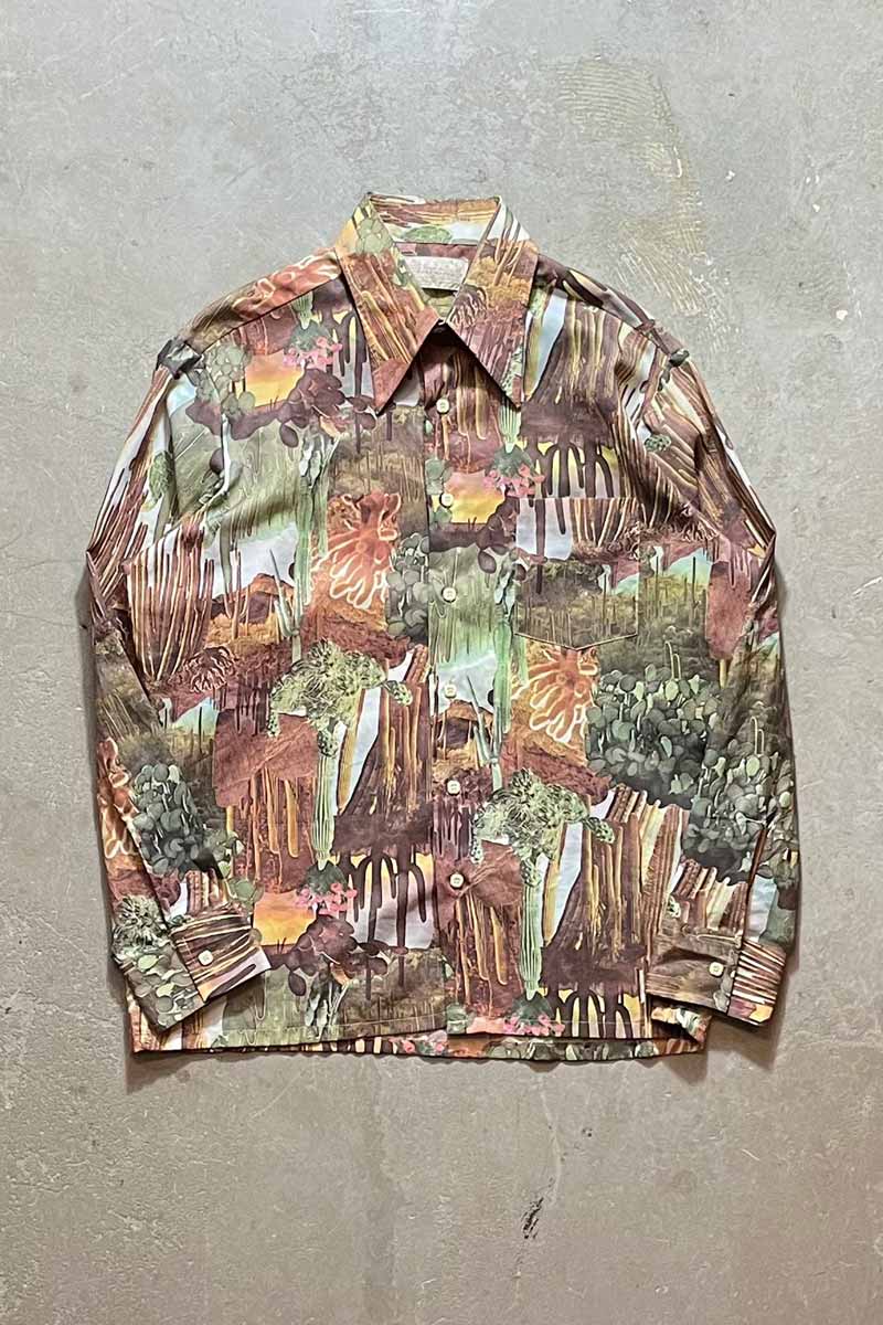 70'S L/S CACTUS PATTERN SHIRT / GREEN/BROWN [SIZE:L USED]