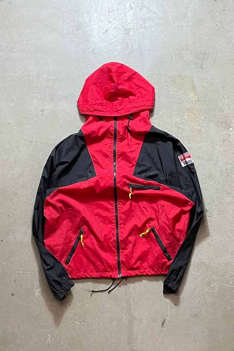90'S PULLOVER TWO-TONE NYLON HOODIE JACKET / RED/BLACK [SIZE: XL USED]