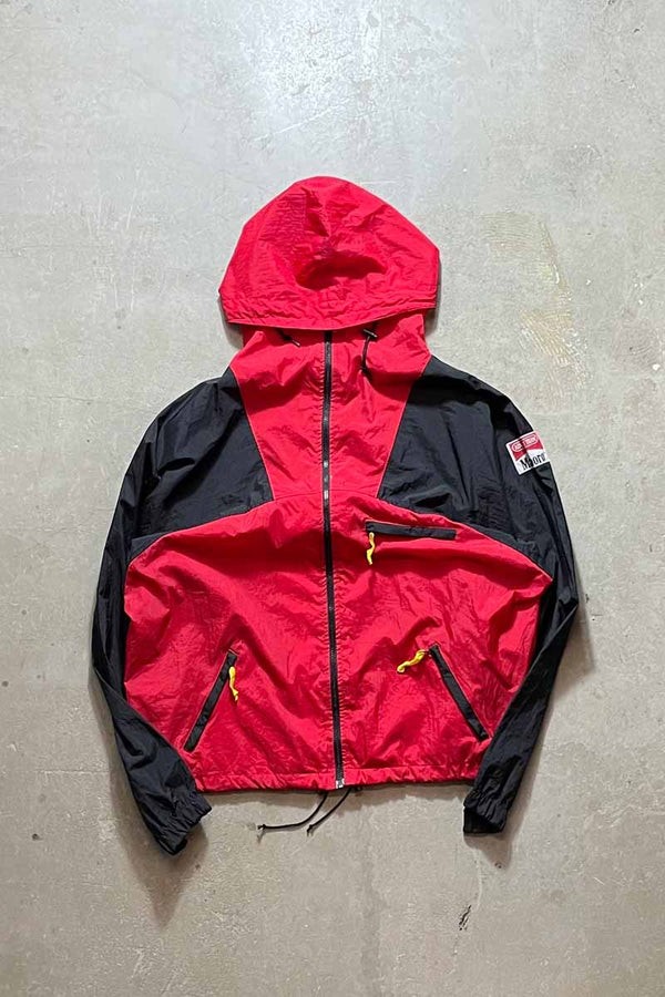 90'S PULLOVER TWO-TONE NYLON HOODIE JACKET / RED/BLACK [SIZE: XL USED]