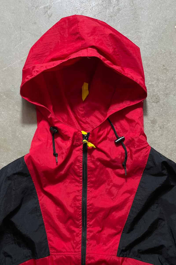 90'S PULLOVER TWO-TONE NYLON HOODIE JACKET / RED/BLACK [SIZE: XL USED]
