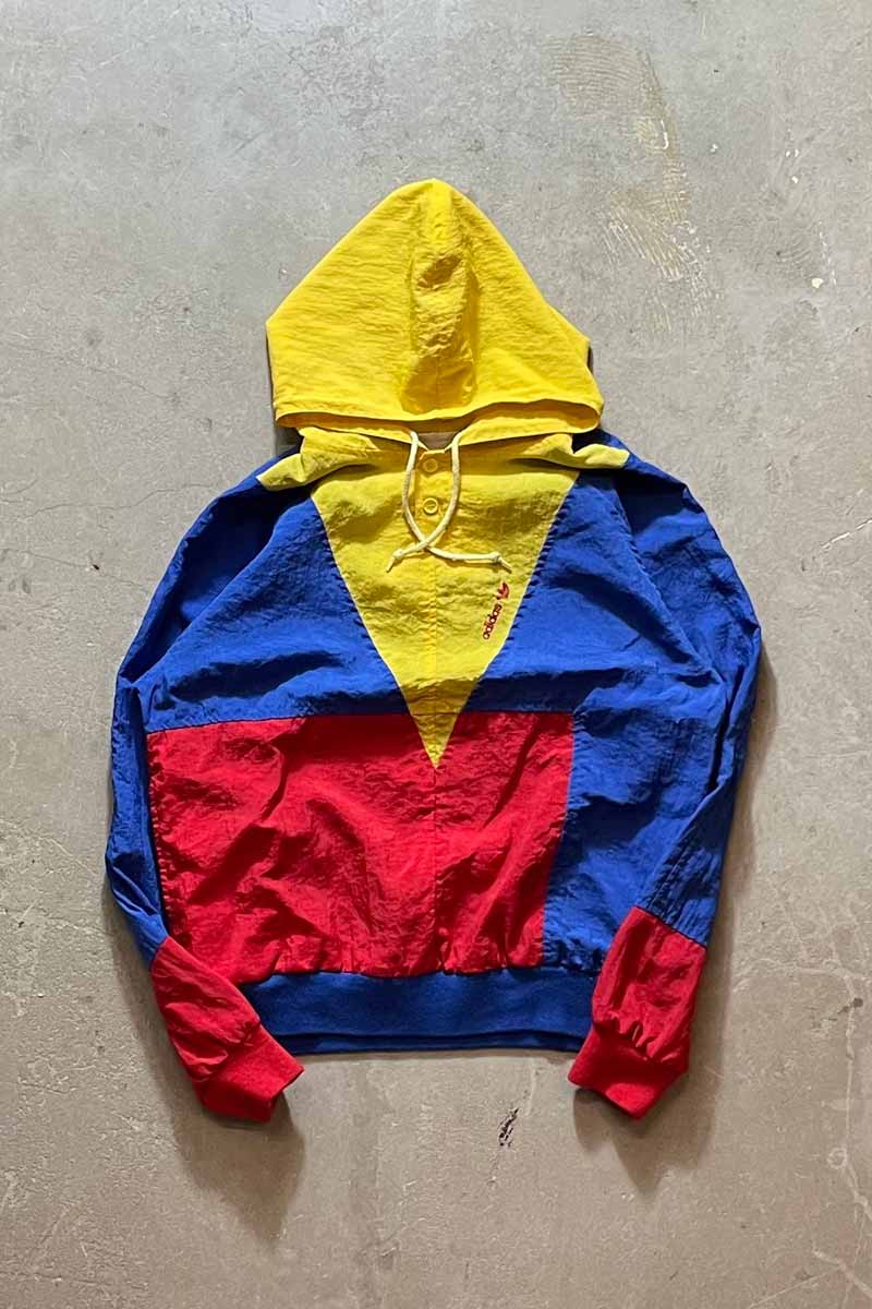 80'S HALF-BUTTON PULLOVER NYLON HOODIE JACKET / YELLOW/BLUE/RED [SIZE: M USED]
