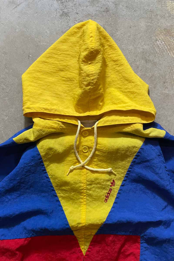 80'S HALF-BUTTON PULLOVER NYLON HOODIE JACKET / YELLOW/BLUE/RED [SIZE: M USED]