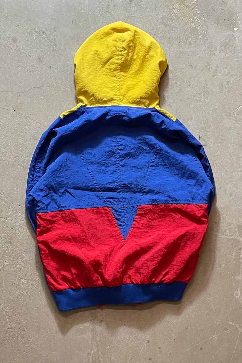 80'S HALF-BUTTON PULLOVER NYLON HOODIE JACKET / YELLOW/BLUE/RED [SIZE: M USED]