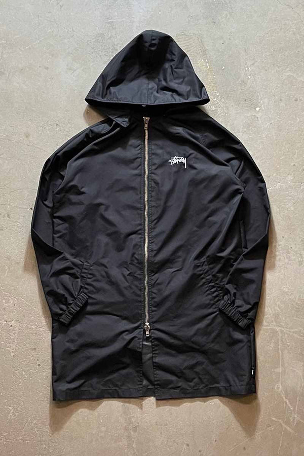 LOGO BACK PRINT ATTACHABLE HOODIE NYLON COAT / BLACK [SIZE: M USED]