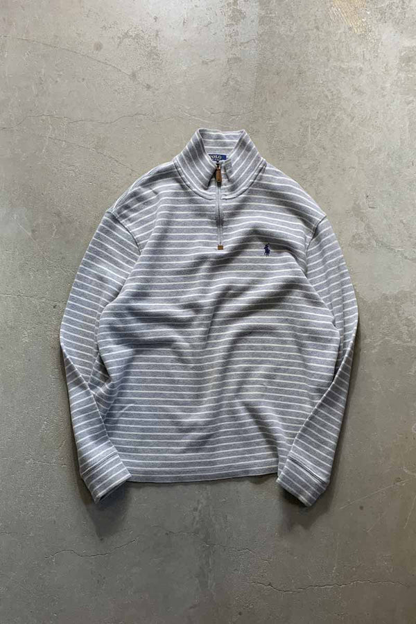 HALF ZIP BORDER COTTON KNIT SWEATER / GRAY [SIZE: L USED]