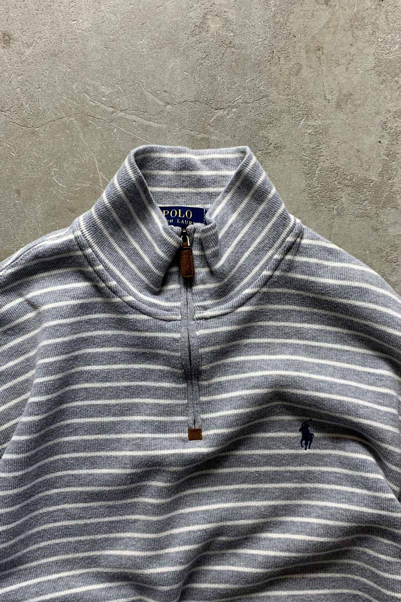 HALF ZIP BORDER COTTON KNIT SWEATER / GRAY [SIZE: L USED]