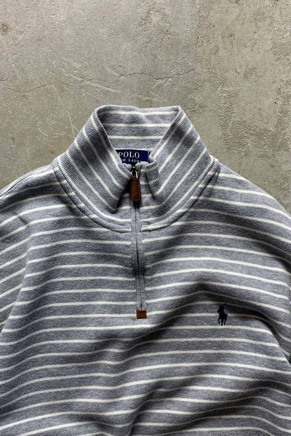 HALF ZIP BORDER COTTON KNIT SWEATER / GRAY [SIZE: L USED]