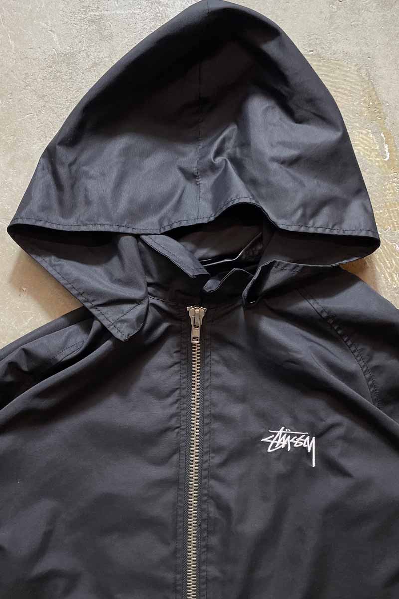 LOGO BACK PRINT ATTACHABLE HOODIE NYLON COAT / BLACK [SIZE: M USED]