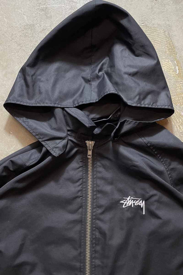LOGO BACK PRINT ATTACHABLE HOODIE NYLON COAT / BLACK [SIZE: M USED]