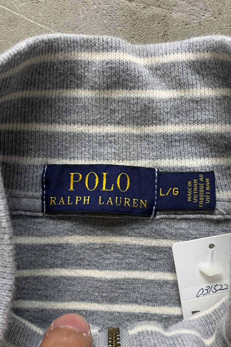 HALF ZIP BORDER COTTON KNIT SWEATER / GRAY [SIZE: L USED]