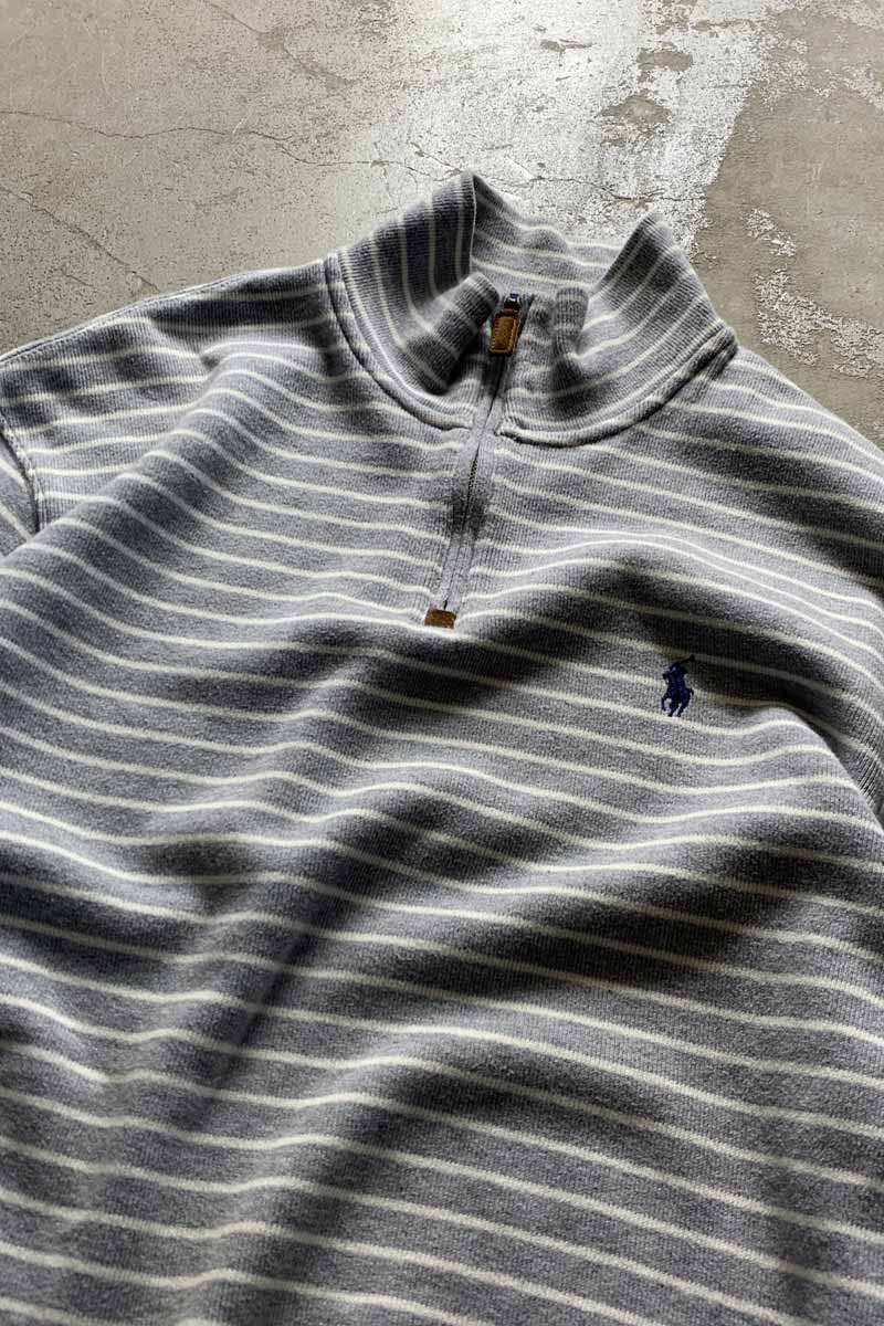 HALF ZIP BORDER COTTON KNIT SWEATER / GRAY [SIZE: L USED]