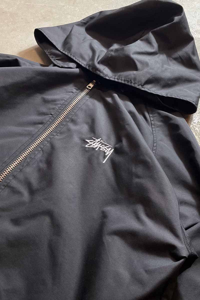 LOGO BACK PRINT ATTACHABLE HOODIE NYLON COAT / BLACK [SIZE: M USED]