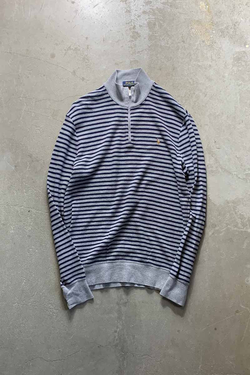 HALF ZIP BORDER COTTON KNIT SWEATER / GRAY [SIZE: M USED]