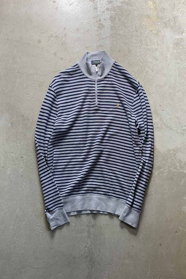 HALF ZIP BORDER COTTON KNIT SWEATER / GRAY [SIZE: M USED]