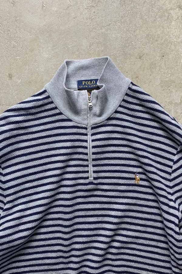 HALF ZIP BORDER COTTON KNIT SWEATER / GRAY [SIZE: M USED]