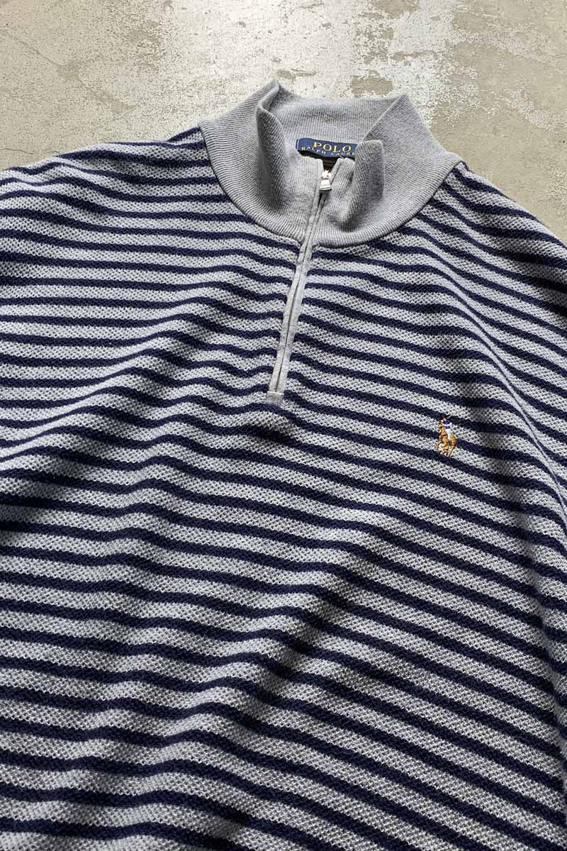 HALF ZIP BORDER COTTON KNIT SWEATER / GRAY [SIZE: M USED]