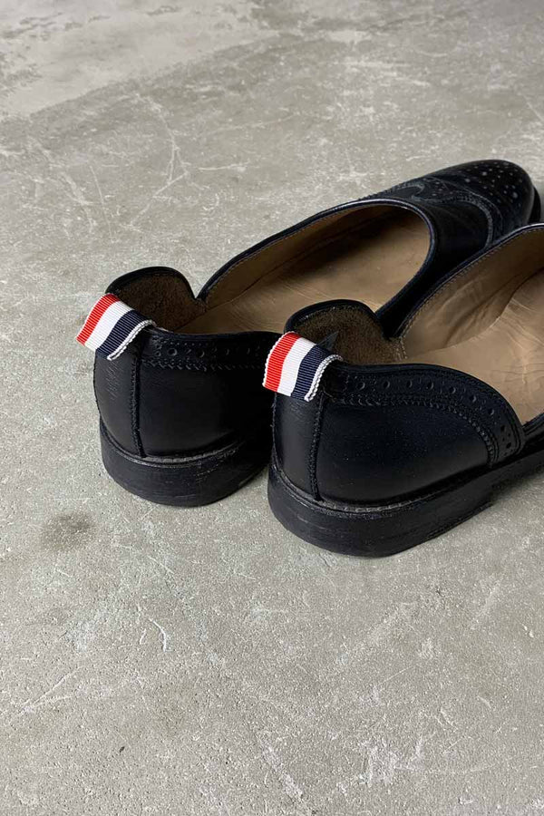 MADE IN ITALY WING-TIP LEATHER SLIP-ON / BLACK [SIZE: US10 (equivalent to 28cm) USED]