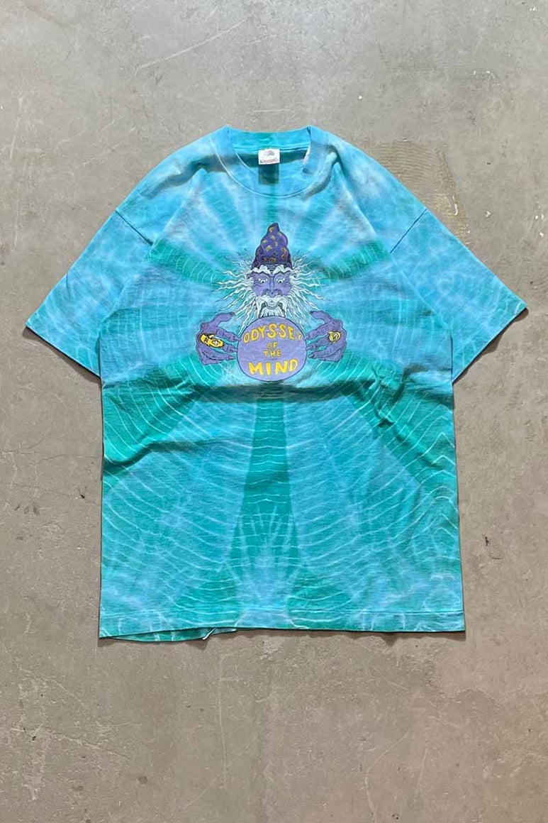 MADE IN USA 90'S S/S ODYSSEY OF THE MIND PRINT TIE DYE T-SHIRT / BLUE [SIZE: L USED]