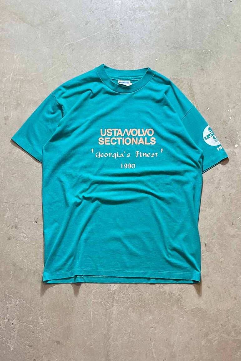 MADE IN USA 90'S USTA / VOLVO SECTIONALS S/S MEAASGE TEE SHIRTS / TURQUOISE BLUE [SIZE: XL USED]
