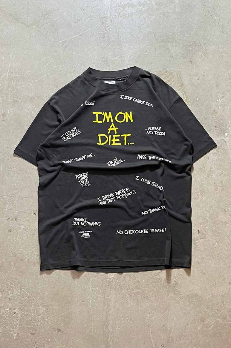 MADE IN USA 90'S S/S I'M ON A DIET FORM PRINT MESSAGE T-SHIRT / BLACK [SIZE: XL USED]